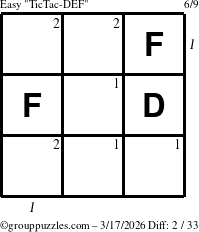 The grouppuzzles.com Easy TicTac-DEF puzzle for Tuesday March 17, 2026 with all 2 steps marked