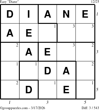 The grouppuzzles.com Easy Diane puzzle for Tuesday March 17, 2026 with all 3 steps marked