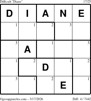 The grouppuzzles.com Difficult Diane puzzle for Tuesday March 17, 2026 with the first 3 steps marked