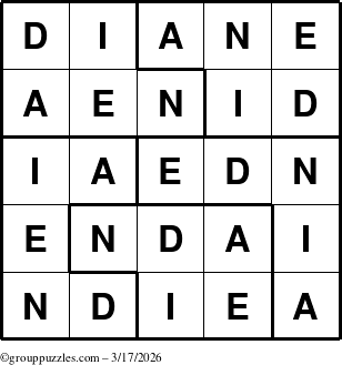 The grouppuzzles.com Answer grid for the Diane puzzle for Tuesday March 17, 2026