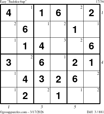 The grouppuzzles.com Easy Sudoku-6up puzzle for Tuesday March 17, 2026, suitable for printing, with all 3 steps marked