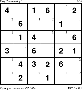 The grouppuzzles.com Easy Sudoku-6up puzzle for Tuesday March 17, 2026 with the first 3 steps marked