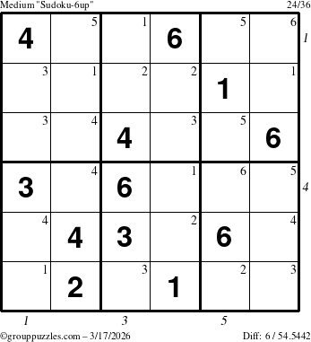 The grouppuzzles.com Medium Sudoku-6up puzzle for Tuesday March 17, 2026, suitable for printing, with all 6 steps marked
