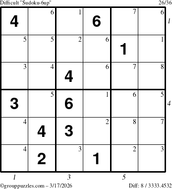 The grouppuzzles.com Difficult Sudoku-6up puzzle for Tuesday March 17, 2026 with all 8 steps marked