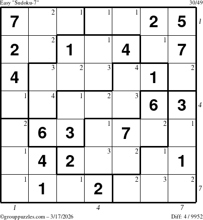 The grouppuzzles.com Easy Sudoku-7 puzzle for Tuesday March 17, 2026 with all 4 steps marked