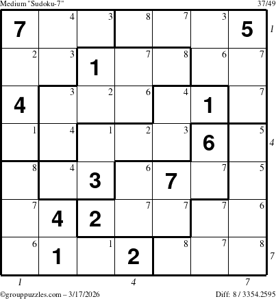 The grouppuzzles.com Medium Sudoku-7 puzzle for Tuesday March 17, 2026, suitable for printing, with all 8 steps marked