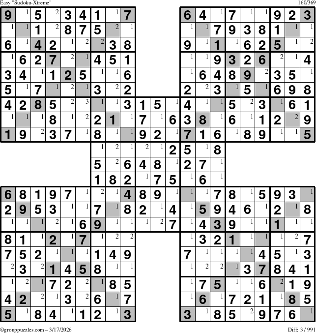 The grouppuzzles.com Easy Sudoku-Xtreme puzzle for Tuesday March 17, 2026 with the first 3 steps marked