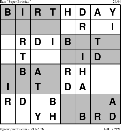 The grouppuzzles.com Easy Super-Birthday puzzle for Tuesday March 17, 2026