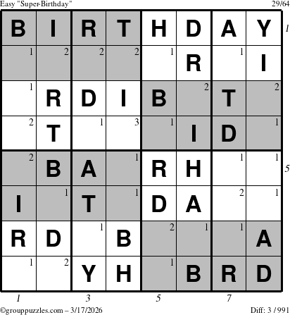 The grouppuzzles.com Easy Super-Birthday puzzle for Tuesday March 17, 2026, suitable for printing, with all 3 steps marked
