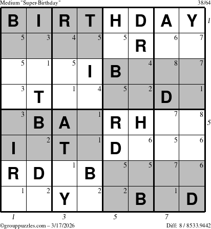 The grouppuzzles.com Medium Super-Birthday puzzle for Tuesday March 17, 2026 with all 8 steps marked