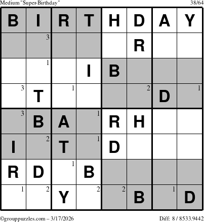 The grouppuzzles.com Medium Super-Birthday puzzle for Tuesday March 17, 2026 with the first 3 steps marked