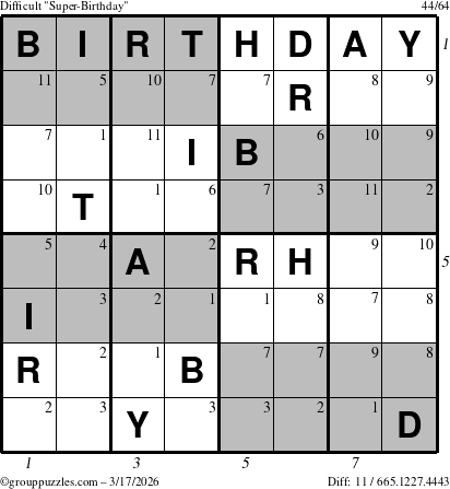 The grouppuzzles.com Difficult Super-Birthday puzzle for Tuesday March 17, 2026, suitable for printing, with all 11 steps marked