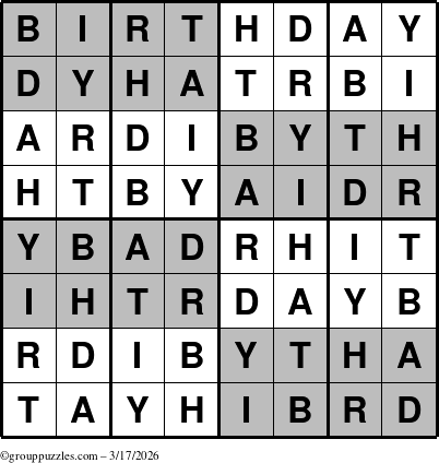 The grouppuzzles.com Answer grid for the Super-Birthday puzzle for Tuesday March 17, 2026