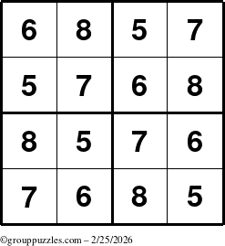 The grouppuzzles.com Answer grid for the Sudoku-4-5678 puzzle for Wednesday February 25, 2026