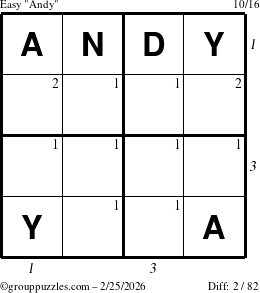 The grouppuzzles.com Easy Andy puzzle for Wednesday February 25, 2026, suitable for printing, with all 2 steps marked