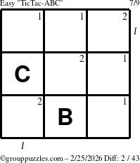 The grouppuzzles.com Easy TicTac-ABC puzzle for Wednesday February 25, 2026 with all 2 steps marked
