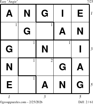 The grouppuzzles.com Easy Angie puzzle for Wednesday February 25, 2026, suitable for printing, with all 2 steps marked