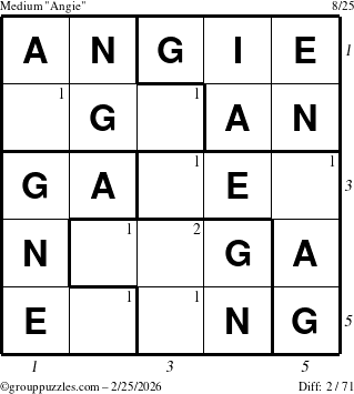 The grouppuzzles.com Medium Angie puzzle for Wednesday February 25, 2026, suitable for printing, with all 2 steps marked
