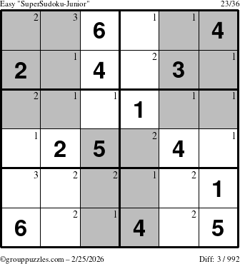 The grouppuzzles.com Easy SuperSudoku-Junior puzzle for Wednesday February 25, 2026 with the first 3 steps marked