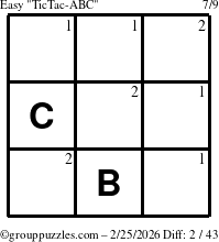 The grouppuzzles.com Easy TicTac-ABC puzzle for Wednesday February 25, 2026 with the first 2 steps marked