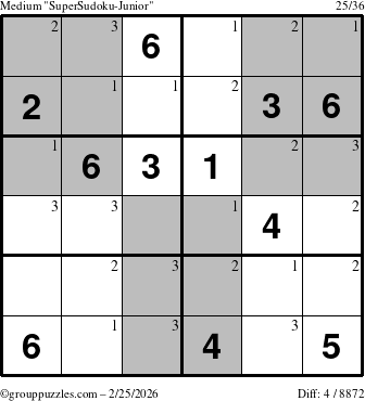 The grouppuzzles.com Medium SuperSudoku-Junior puzzle for Wednesday February 25, 2026 with the first 3 steps marked