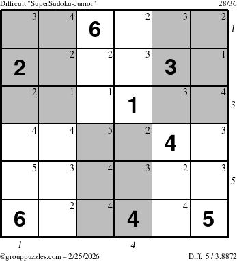 The grouppuzzles.com Difficult SuperSudoku-Junior puzzle for Wednesday February 25, 2026, suitable for printing, with all 5 steps marked