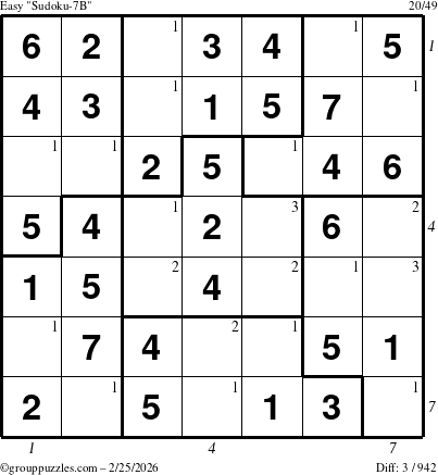 The grouppuzzles.com Easy Sudoku-7B puzzle for Wednesday February 25, 2026 with all 3 steps marked