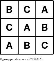 The grouppuzzles.com Answer grid for the TicTac-ABC puzzle for Wednesday February 25, 2026