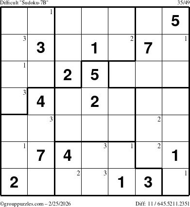 The grouppuzzles.com Difficult Sudoku-7B puzzle for Wednesday February 25, 2026 with the first 3 steps marked