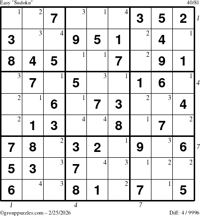 The grouppuzzles.com Easy Sudoku puzzle for Wednesday February 25, 2026, suitable for printing, with all 4 steps marked