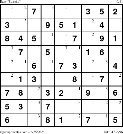 The grouppuzzles.com Easy Sudoku puzzle for Wednesday February 25, 2026 with the first 3 steps marked