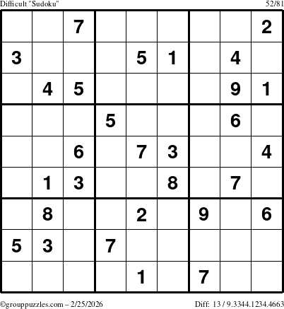 The grouppuzzles.com Difficult Sudoku puzzle for Wednesday February 25, 2026