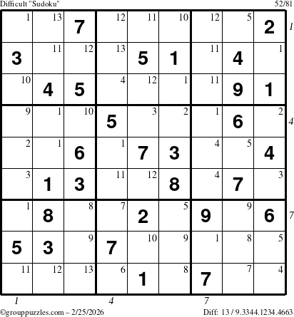 The grouppuzzles.com Difficult Sudoku puzzle for Wednesday February 25, 2026 with all 13 steps marked