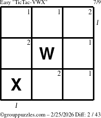 The grouppuzzles.com Easy TicTac-VWX puzzle for Wednesday February 25, 2026 with all 2 steps marked