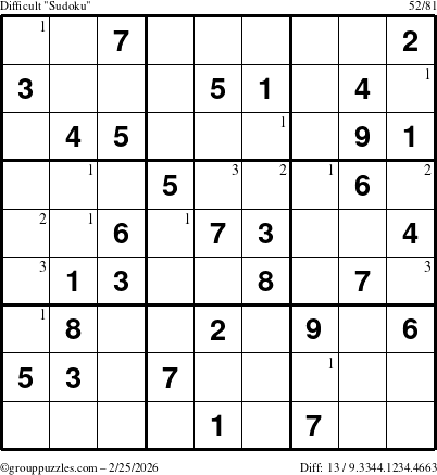 The grouppuzzles.com Difficult Sudoku puzzle for Wednesday February 25, 2026 with the first 3 steps marked