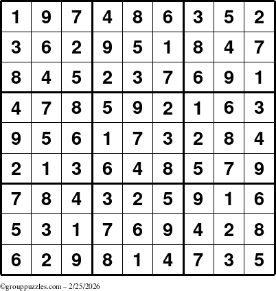 The grouppuzzles.com Answer grid for the Sudoku puzzle for Wednesday February 25, 2026