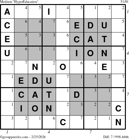The grouppuzzles.com Medium HyperEducation-i23 puzzle for Wednesday February 25, 2026, suitable for printing, with all 7 steps marked