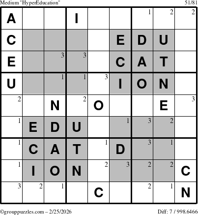 The grouppuzzles.com Medium HyperEducation-i23 puzzle for Wednesday February 25, 2026 with the first 3 steps marked