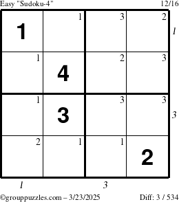 The grouppuzzles.com Easy Sudoku-4 puzzle for Sunday March 23, 2025 with all 3 steps marked