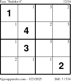 The grouppuzzles.com Easy Sudoku-4 puzzle for Sunday March 23, 2025 with the first 3 steps marked