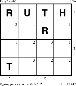 The grouppuzzles.com Easy Ruth puzzle for Sunday March 23, 2025 with all 3 steps marked