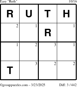 The grouppuzzles.com Easy Ruth puzzle for Sunday March 23, 2025 with the first 3 steps marked
