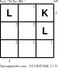 The grouppuzzles.com Easy TicTac-JKL puzzle for Sunday March 23, 2025 with all 2 steps marked