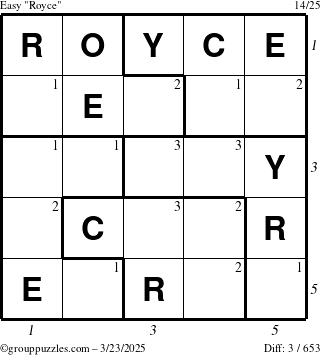 The grouppuzzles.com Easy Royce puzzle for Sunday March 23, 2025 with all 3 steps marked