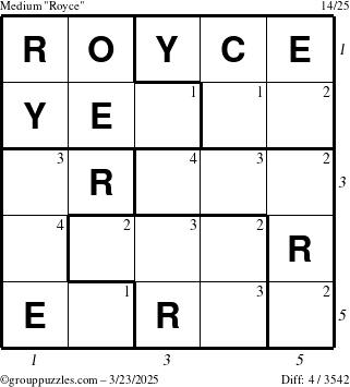 The grouppuzzles.com Medium Royce puzzle for Sunday March 23, 2025, suitable for printing, with all 4 steps marked