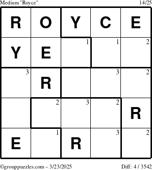 The grouppuzzles.com Medium Royce puzzle for Sunday March 23, 2025 with the first 3 steps marked