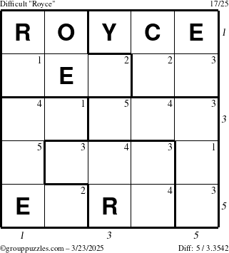The grouppuzzles.com Difficult Royce puzzle for Sunday March 23, 2025 with all 5 steps marked