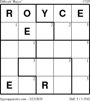 The grouppuzzles.com Difficult Royce puzzle for Sunday March 23, 2025 with the first 3 steps marked