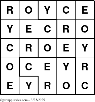 The grouppuzzles.com Answer grid for the Royce puzzle for Sunday March 23, 2025