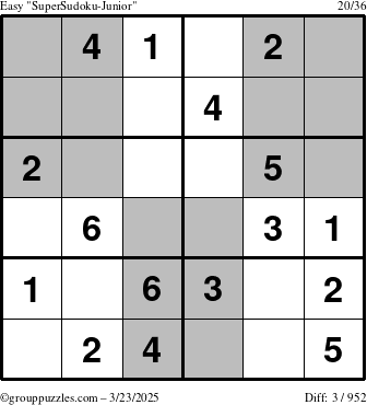 The grouppuzzles.com Easy SuperSudoku-Junior puzzle for Sunday March 23, 2025
